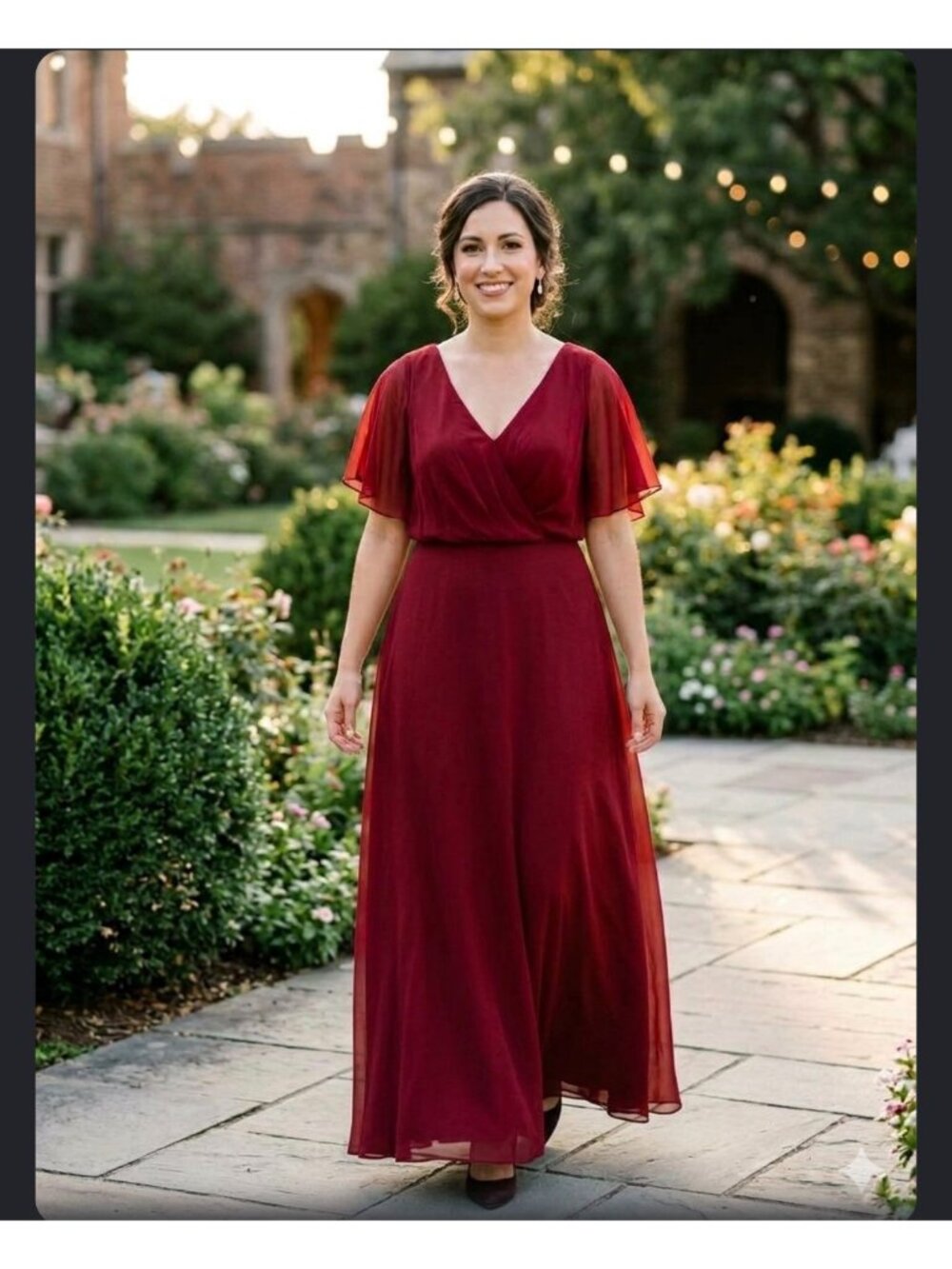 AW Bridal burgundy, V-neck, chiffon maxi dress with flutter or batwing sleeves